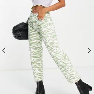 ASOS Bershka straight leg zebra print pants in green Size 4 LIKE NEW